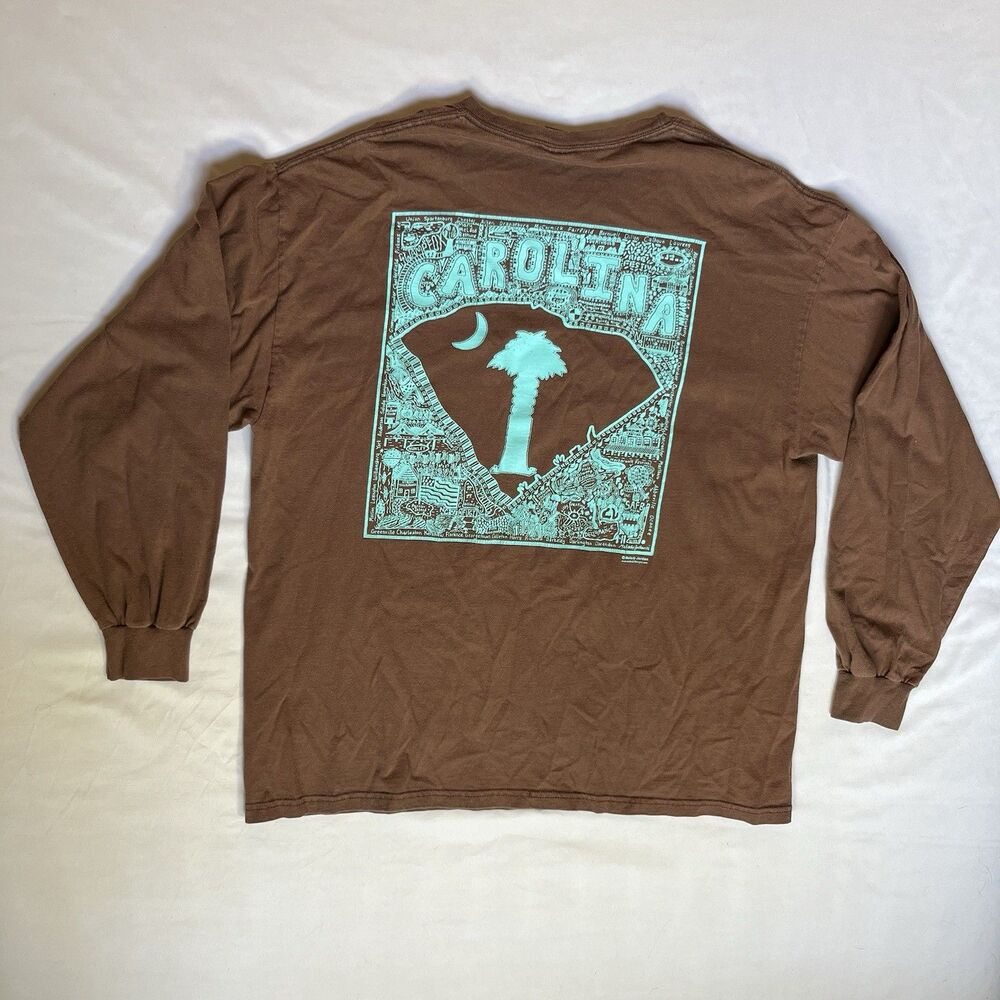 South Carolina T Shirt 2XL Long Sleeve Travel Brown Hanes Beefy Palm Tree Moon